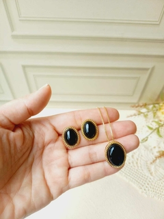 CONJUNTO OVAL MÉDIO COM NATURAL PEDRA AGATA PRETA na internet