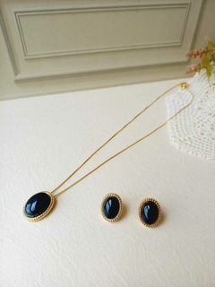 CONJUNTO OVAL MÉDIO COM NATURAL PEDRA AGATA PRETA - Cordão de Luz Joias Finas
