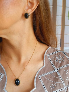 CONJUNTO OVAL MÉDIO COM NATURAL PEDRA AGATA PRETA - comprar online