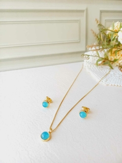 CONJUNTO REDONDO COM PEDRA AGATA AZUL 6,5MM - Cordão de Luz Joias Finas