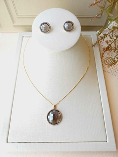 CONJUNTO REDONDO CRAVEJADO OBSIDIANA FUME
