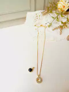 COLAR COM DOIS PINGENTES EM ZIRCONIAS E PEDRA NATURAL AGATHA NEGRA - loja online