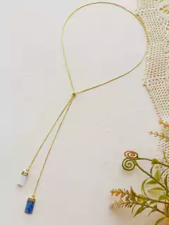 COLAR AJUSTAVEL GRAVATINHA DUPLO COM A PEDRA CIANITA E SELENITA