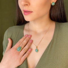 CONJUNTO REDONDO GOTA COM PEDRA NATURAL AGATHA VERDE - Cordão de Luz Joias Finas