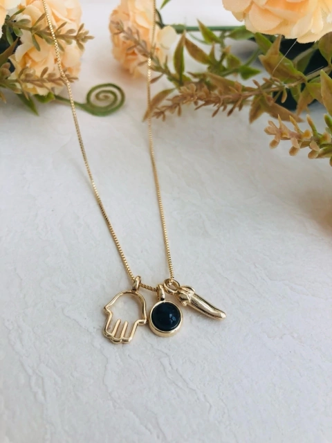 COLAR TRÊS PINGENTES REMOVIVEIS PIMENTA HAMSÁ AGATHA NEGRA