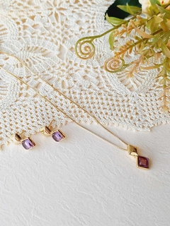 CONJUNTO GEOMETRICO QUADRADO PEDRA NATURAL AMETISTA - Cordão de Luz Joias Finas