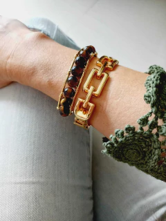 BRACELETE AJUSTÁVEL EM ESFERAS DE PEDRA NATURAL OLHO DE TIGRE - Cordão de Luz Joias Finas