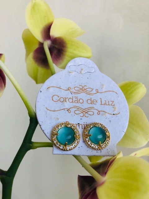 BRINCO BANHO OURO 18K CRAVEJADO DE ZIRCONIAS COM PEDRA NATURAL AGATHA AZUL CÉU