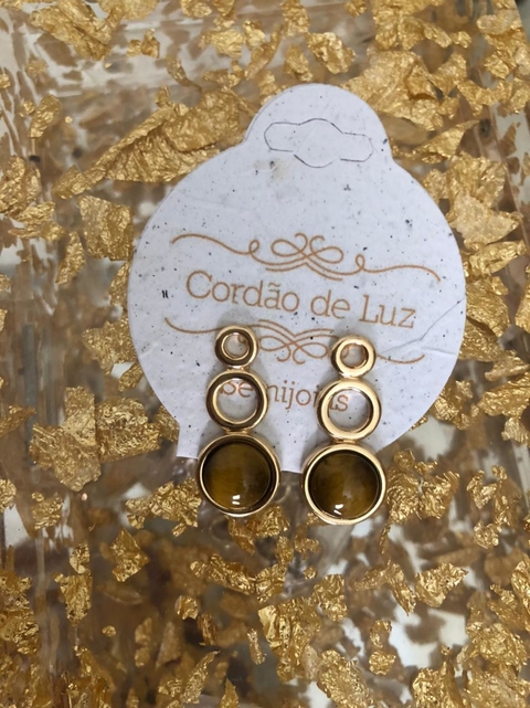 BRINCO BANHO OURO 18K TRIO DE AROS COM PEDRA NATURAL OLHO DE TIGRE