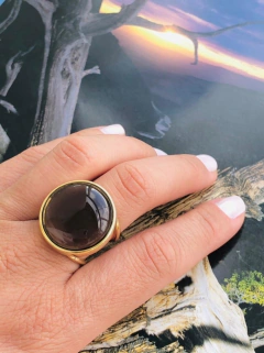 ANEL REDONDO AJUSTÁVEL COM PEDRA NATURAL OBSIDIANA - Cordão de Luz Joias Finas