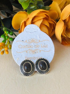 Imagem do BRINCO EM PRATA ENVELHECIDA COM PEDRA NATURAL OVAL OBSIDIANA FUME