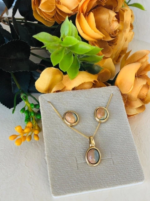 CONJUNTOBANHO OURO 18K PEDRA NATURAL JASPE POLI