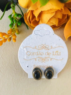 BRINCO MINI BANHO OURO 18K E RÓDIO NEGRO COM PEDRA NATURAL OBSIDIANA - Cordão de Luz Joias Finas