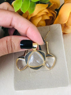 CONJUNTO BANHO OURO 18K E RÓDIO NEGRO PEDRA NATURAL CRISTAL DE ROCHA na internet