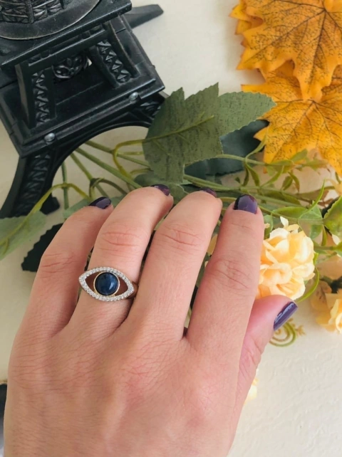 ANEL BANHO OURO 18K OLHO GREGO COM ZIRCÔNIAS BRANCAS COM PEDRA NATURAL SODALITA