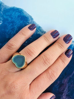 ANEL CORAÇÃO COM PEDRA NATURAL ÁGATHA AZUL CÉU - Cordão de Luz Joias Finas