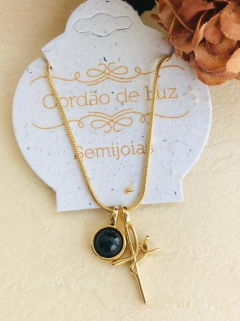 COLAR COM PINGENTE DUPLO REMOVÍVEL FÉ E PEDRA NATURAL AGATHA NEGRA - Cordão de Luz Joias Finas