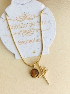 COLAR COM PINGENTE DUPLO REMOVÍVEL FÉ E PEDRA NATURAL OLHO DE TIGRE - loja online