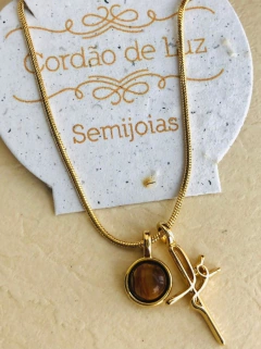 COLAR COM PINGENTE DUPLO REMOVÍVEL FÉ E PEDRA NATURAL OLHO DE TIGRE - Cordão de Luz Joias Finas