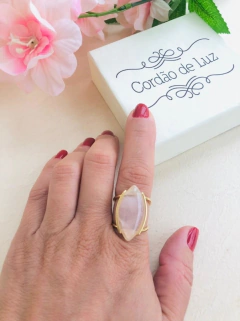 ANEL NAVETE PEDRA NATURAL QUARTZO ROSA - Cordão de Luz Joias Finas