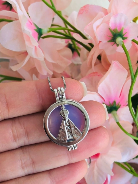 COLAR RELICARIO CÁPSULA NOSSA SENHORA COM 1 PEDRA NATURAL