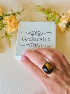 ANEL QUADRADO AJUSTÁVEL BANHO OURO 18K PEDRA NATURAL OLHO DE TIGRE - comprar online
