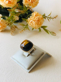 ANEL QUADRADO AJUSTÁVEL BANHO OURO 18K PEDRA NATURAL OLHO DE TIGRE - Cordão de Luz Joias Finas