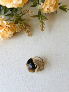 ANEL QUADRADO AJUSTÁVEL BANHO OURO 18K PEDRA NATURAL OLHO DE TIGRE - loja online