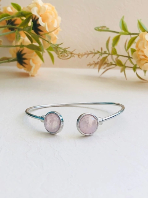 BRACELETE BANHO RÓDIO COM PEDRA NATURAL QUARZTO ROSA EFEITO PEROLADO