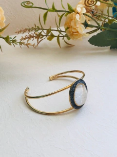 BRACELETE PULSEIRA BANHO OURO 18K E RÓDIO NEGRO COM PEDRA NATURAL CRISTAL DE ROCHA