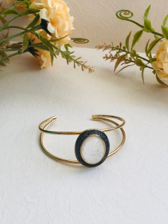 BRACELETE PULSEIRA BANHO OURO 18K E RÓDIO NEGRO COM PEDRA NATURAL CRISTAL DE ROCHA