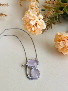 COLAR GATINHO BANHO RÓDIO COM PEDRA NATURAL QUARTZO ROSA na internet