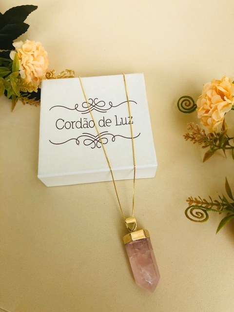 COLAR BANHO OURO 18K PEDRA BRUTA QUARTZO ROSA