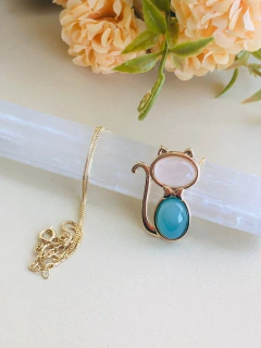COLAR GATINHO COM PEDRA NATURAL QUARTZO ROSA E AGATHA AZUL - Cordão de Luz Joias Finas