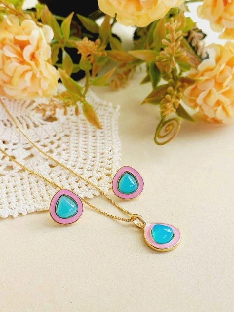 CONJUNTO ESMALTADO COM A PEDRA NATURAL AGATHA AZUL