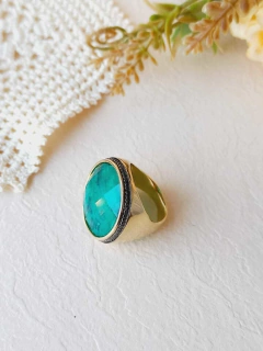 ANEL MÉDIO COM APLICAÇÕES DE CANETA DE RÓDIO NEGRO PEDRA NATURAL ESMERALDA FACETADA