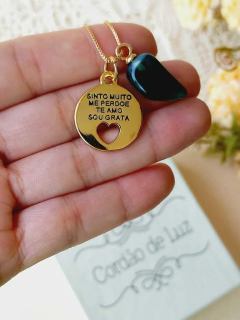 COLAR PINGENTE DUPLO HOOPONOPONO E PEDRA NATURAL - Cordão de Luz Joias Finas