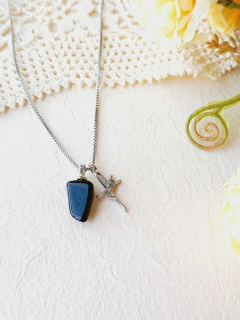 COLAR COM PINGENTE DUPLO REMOVÍVEL FÉ E PEDRA NATURAL - Cordão de Luz Joias Finas