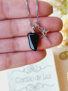 COLAR COM PINGENTE DUPLO REMOVÍVEL FÉ E PEDRA NATURAL