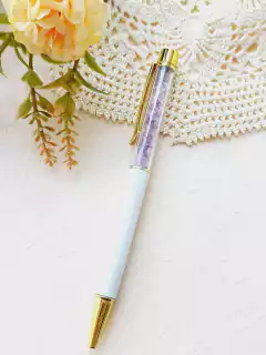 CANETA ESFEROGRAFICA DOURADA BASE BRANCA COM PEDRA NATURAL