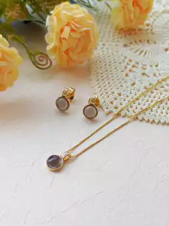 CONJUNTO REDONDO PEDRA NATURAL QUARTZO FUME - Cordão de Luz Joias Finas