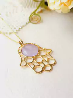 COLAR MÃO DE HAMSÁ COM PEDRA NATURAL AMETISTA - Cordão de Luz Joias Finas