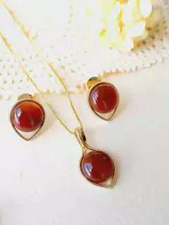 CONJUNTO REDONDO GOTA COM PEDRA NATURAL AGATHA VERMELHA - Cordão de Luz Joias Finas