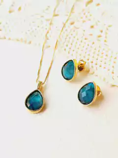 CONJUNTO GOTA PEDRA NATURAL ESMERALDA FACETADA - Cordão de Luz Joias Finas