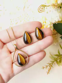 CONJUNTO EM FORMATO GOTA COM PEDRA NATURAL OLHO DE TIGRE - loja online