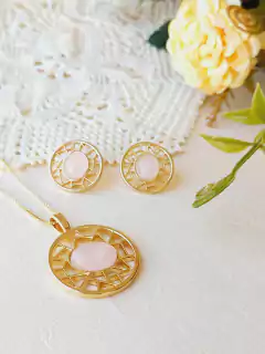 CONJUNTO GEOMETRICO COM PEDRA NATURAL QUARTZO ROSA - loja online