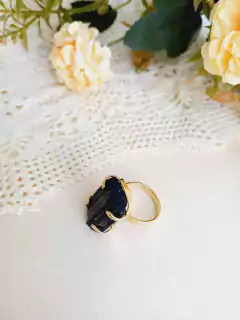 ANEL AJUSTAVEL RETANGULAR PEDRA NATURAL TURMALINA NEGRA - Cordão de Luz Joias Finas