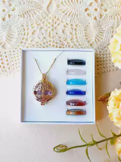 Imagem do COLAR RELICÁRIO CÁPSULA DUPLA ARVORE DA VIDA E FLOR DE LOTUS COM 7 PEDRAS NATURAIS EDIÇÃO LIMITADA