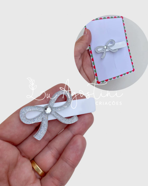 Aplique clip laço prata Glitter- 1 unidade