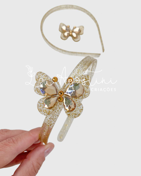 Kit montável tiara borboleta Glitter dourado- 2 itens- 1 tiara